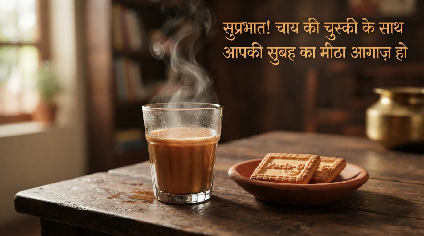 A traditional Indian cutting chai glass on a wooden table with Hindi good morning text.