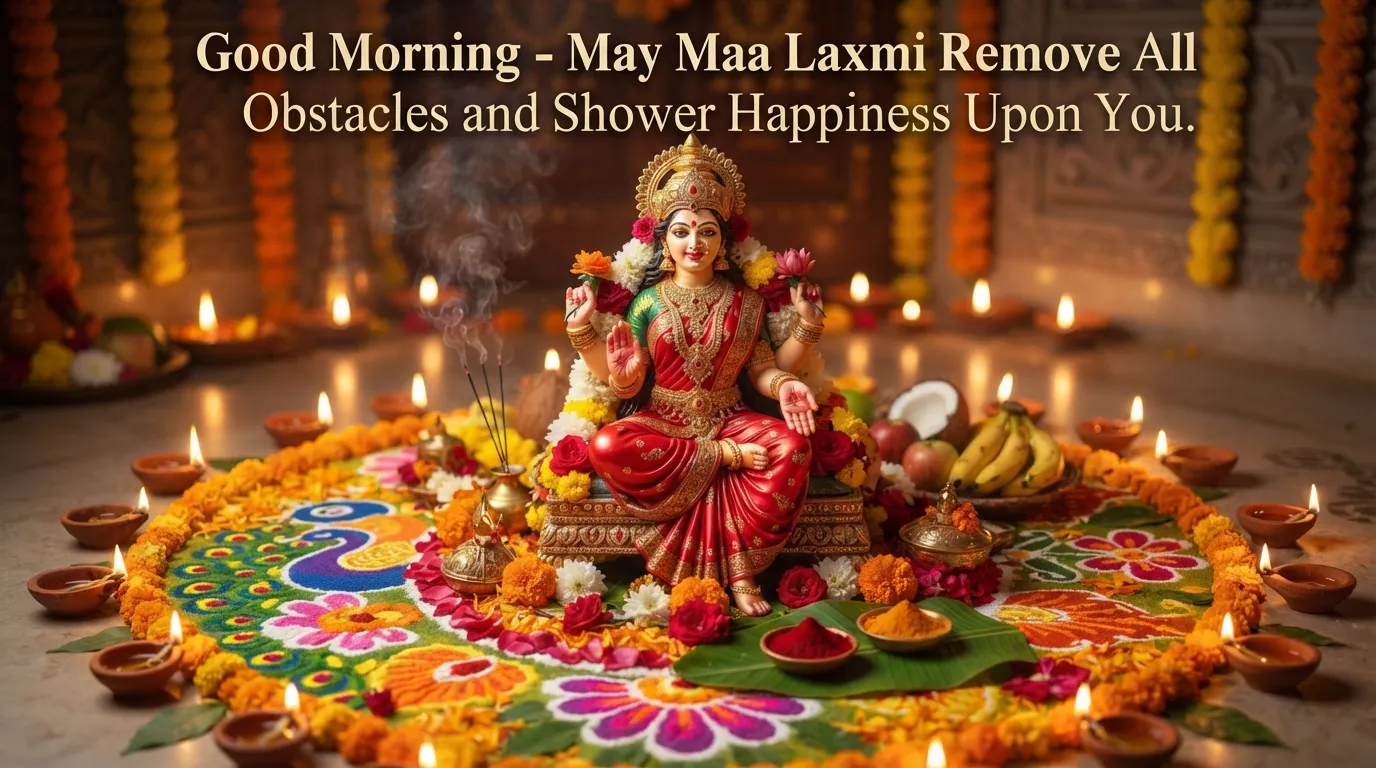 Goddess Laxmi image decorated with traditional rangoli and glowing diyas