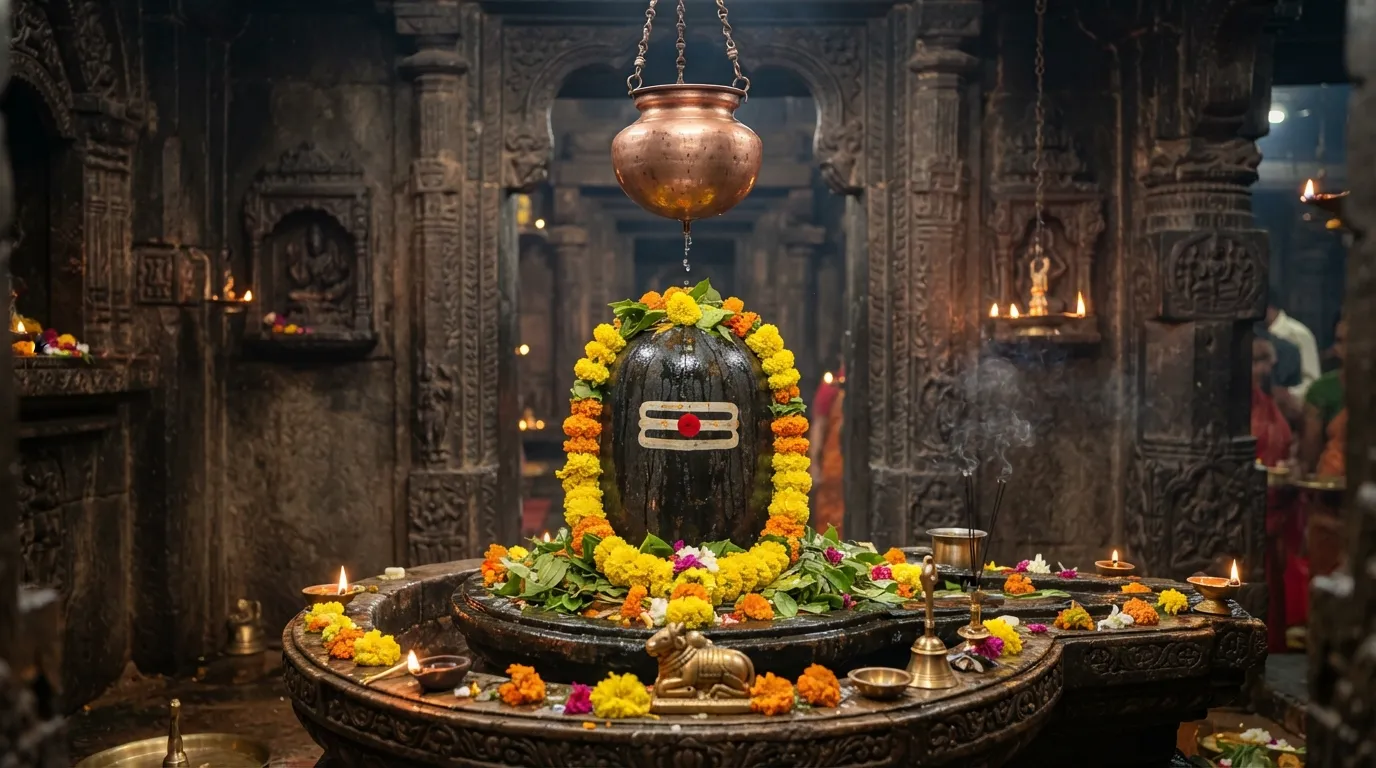 Full HD image of black stone shivling decorated with fresh marigold flowers and tripundra in an ancient temple.