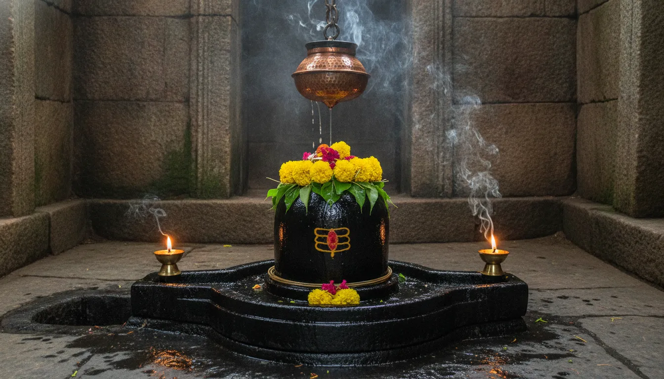 A traditional stone Shivling placed inside an ancient Hindu temple sanctorum with glowing oil lamps.