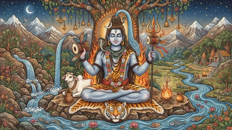 A beautiful hand-painted wallpaper photo Bholenath, showing Lord Shiva with damaru and trishul.
