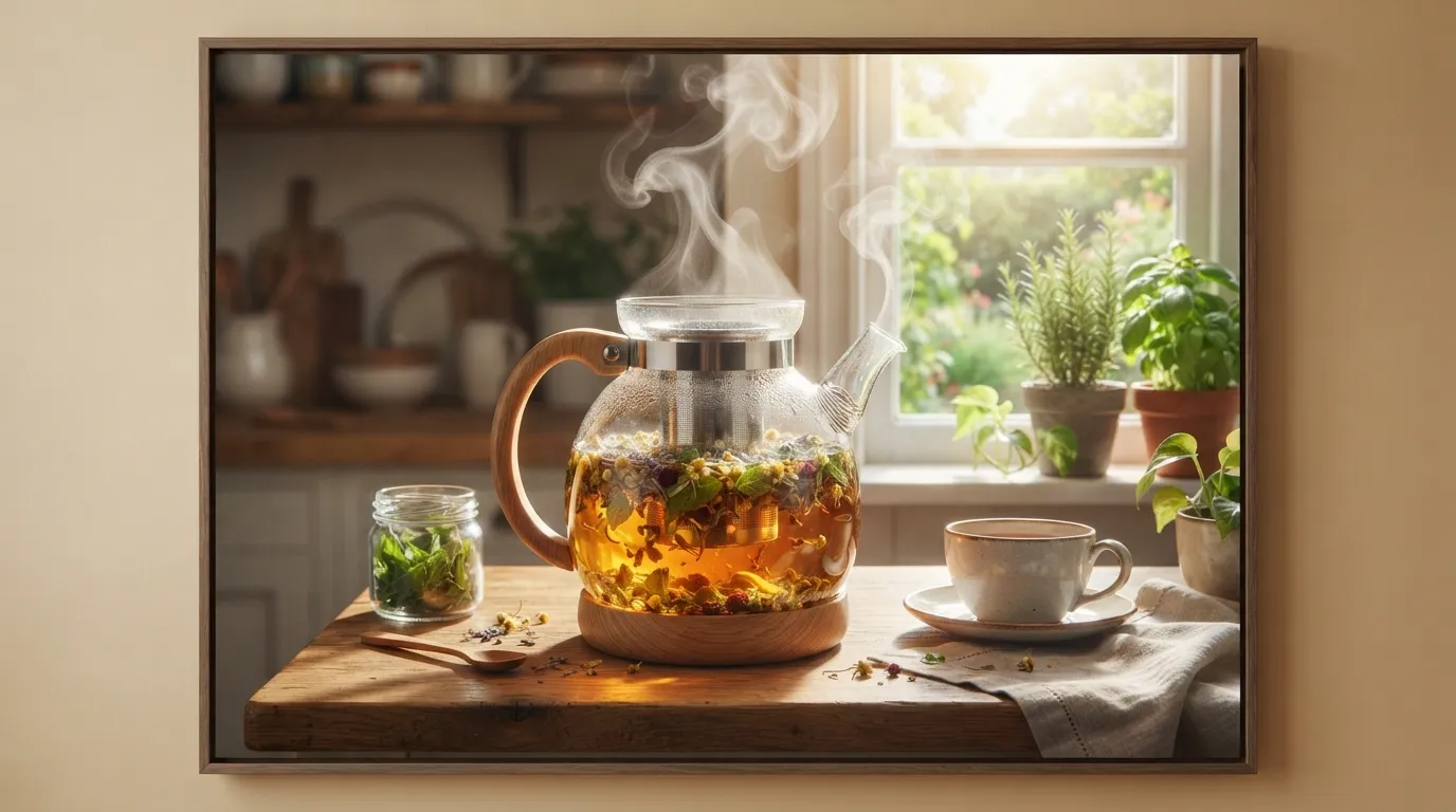 A classic vintage glass tea kettle brewing loose tea leaves with steam rising in bright morning light.