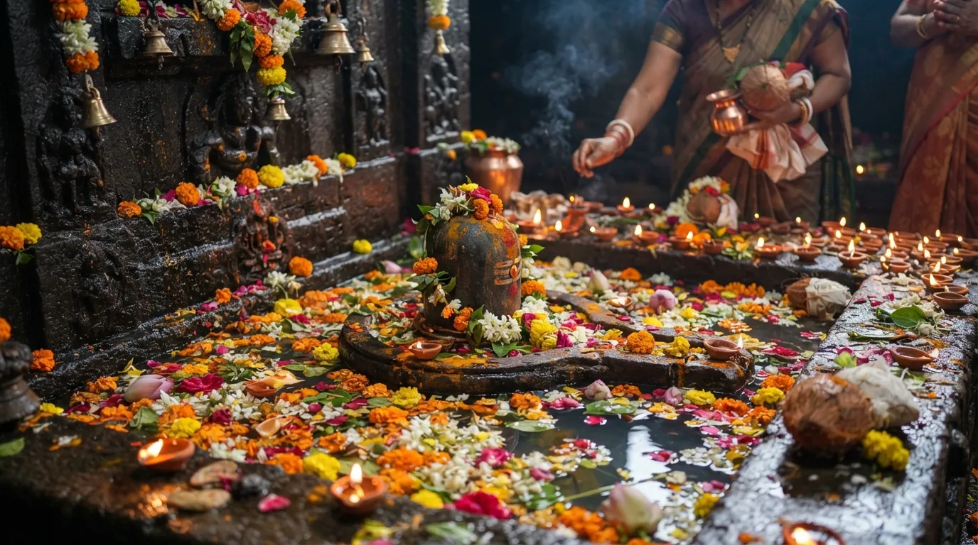 This image shows small offerings like flowers and diyas placed in the water around the Rajmachi Shivling.