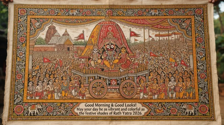 Odisha traditional Pattachitra painting style illustration of Lord Jagannath's Rath Yatra.