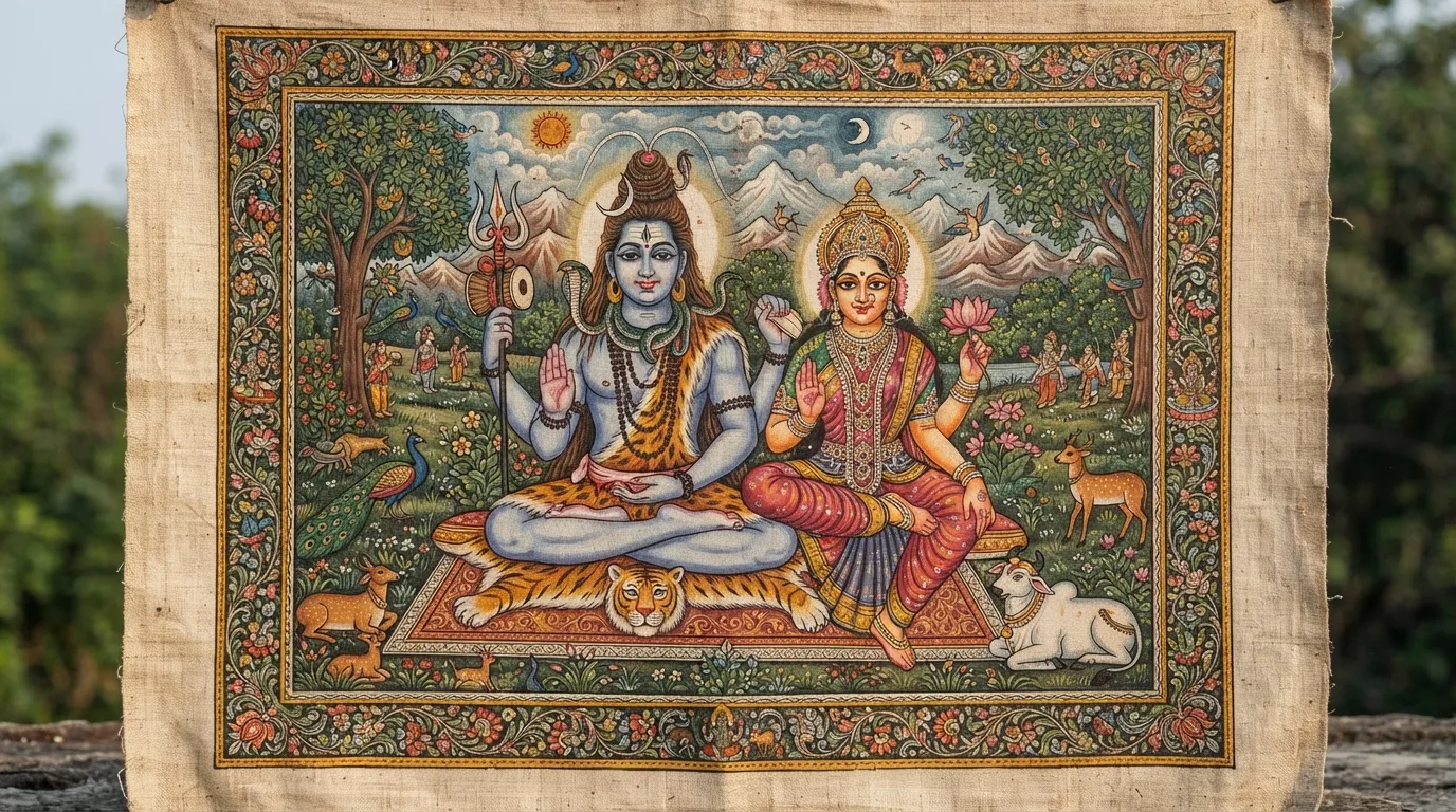A beautiful Pattachitra style traditional folk painting of Shiva and Parvati on cloth texture.