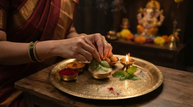Close-up artwork of hands organizing a traditional brass Pooja plate with kumkum, rice, and lamps