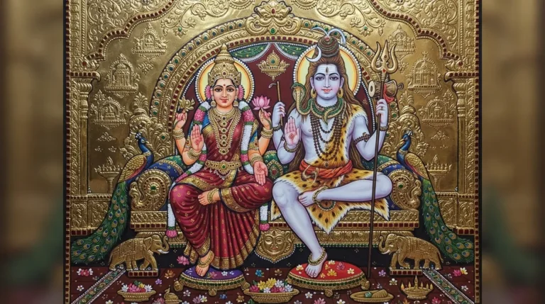 A majestic Tanjore style painting of Shiva Parvati with intricate gold leaf work and stone embellishments. Figure 8: Richness and devotion: A classic Tanjore painting featuring opulent gold leaf work.
