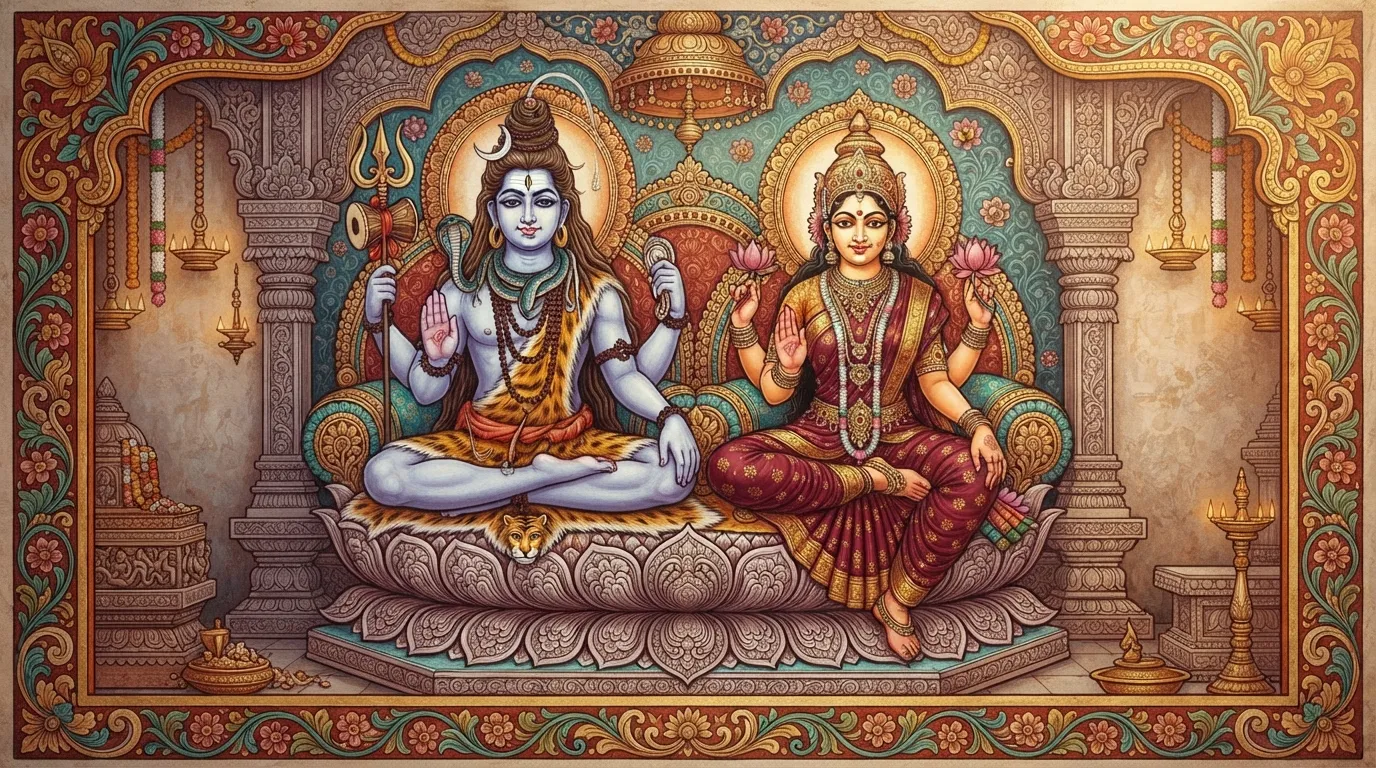 Classic Indian temple style painting of Lord Shiva and Goddess Parvati on lotus thrones.