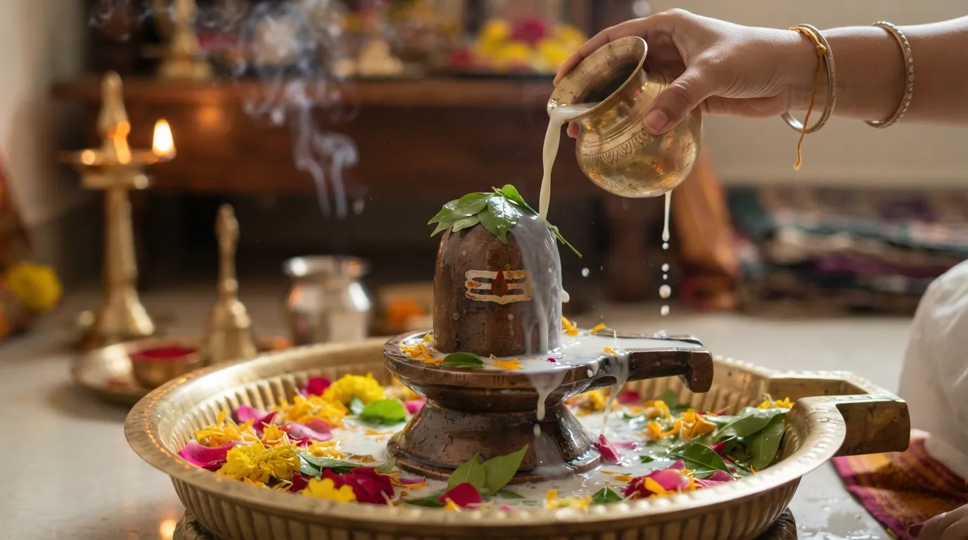 A close-up full hd image of a copper Shivling during a traditional Hindu morning ritual with milk and flowers.