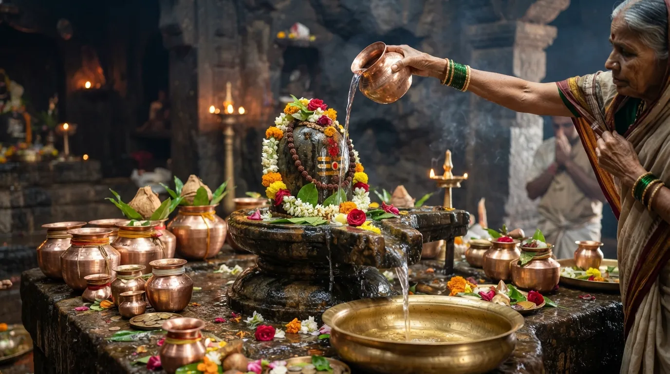 Traditional water pots (Kalash) placed near the Rajmachi Shivling, filled with water.