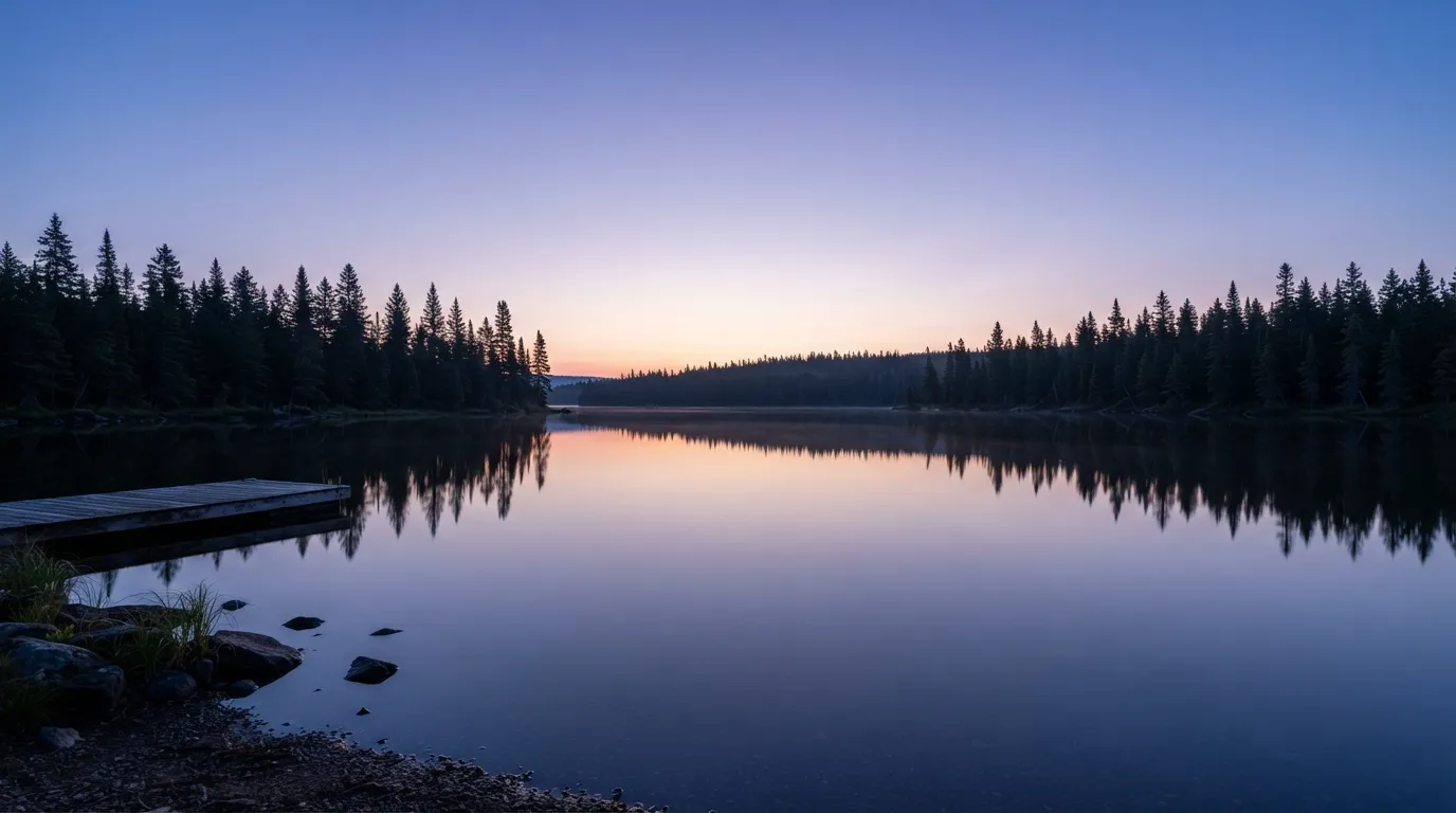 Full HD photograph of a serene lake perfectly reflecting trees and the pastel colors of the early morning sky.