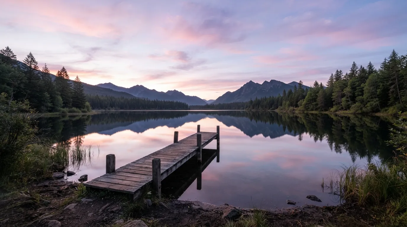 A peaceful, still lake reflecting a soft pastel sunrise sky with a small empty wooden dock extending into the water.