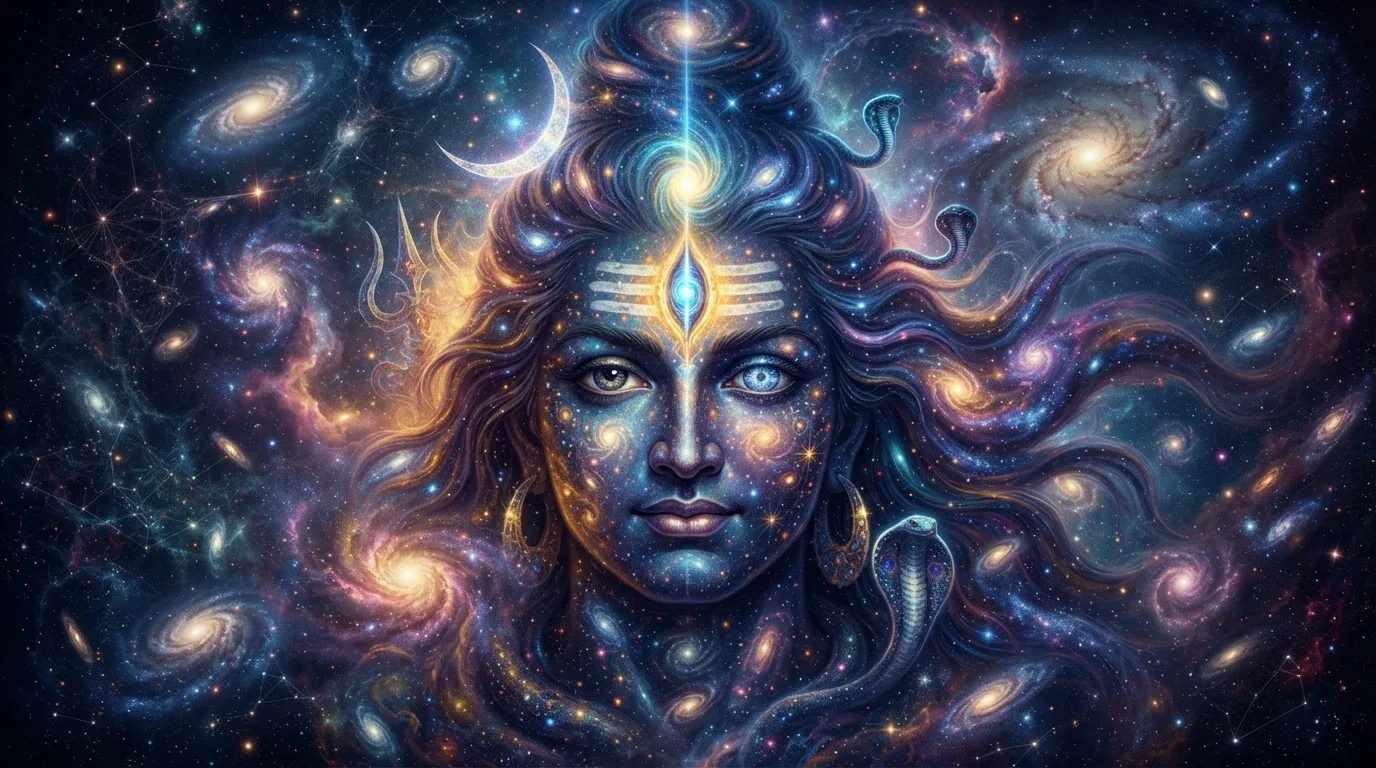 Artistic and surreal image of Bholenath's face made of cosmic elements, representing omniscience.