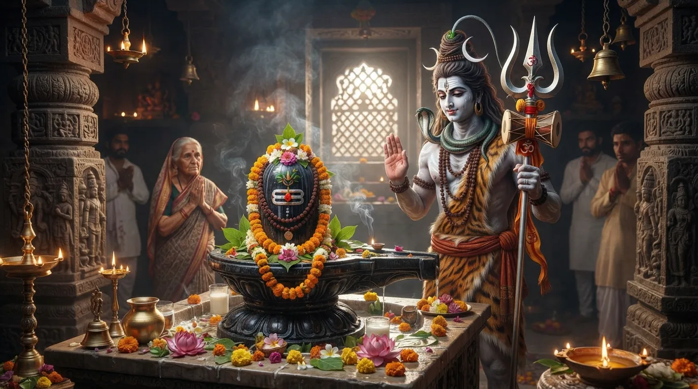 Ek Bholenath Shivling ke samne bhagwan Shiva apney trishul ke sath hain.