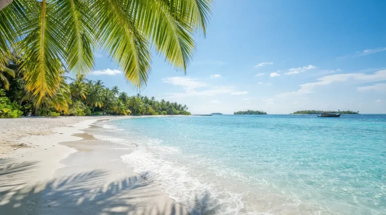 Calm blue ocean waves washing over clean white sand on a sunny morning.