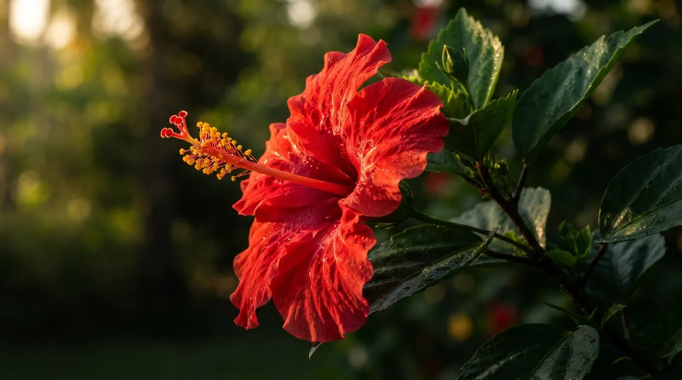 A striking tropical red hibiscus flower blooming under the warm golden hour sun.