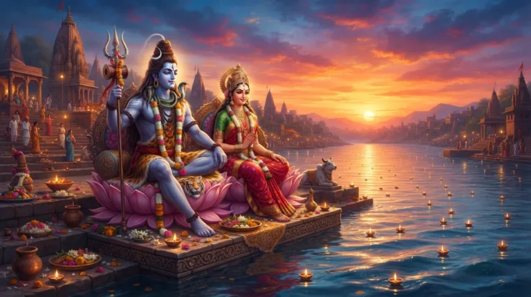 Shiva and Parvati seated on lotus thrones by a sacred river bank during a golden twilight.