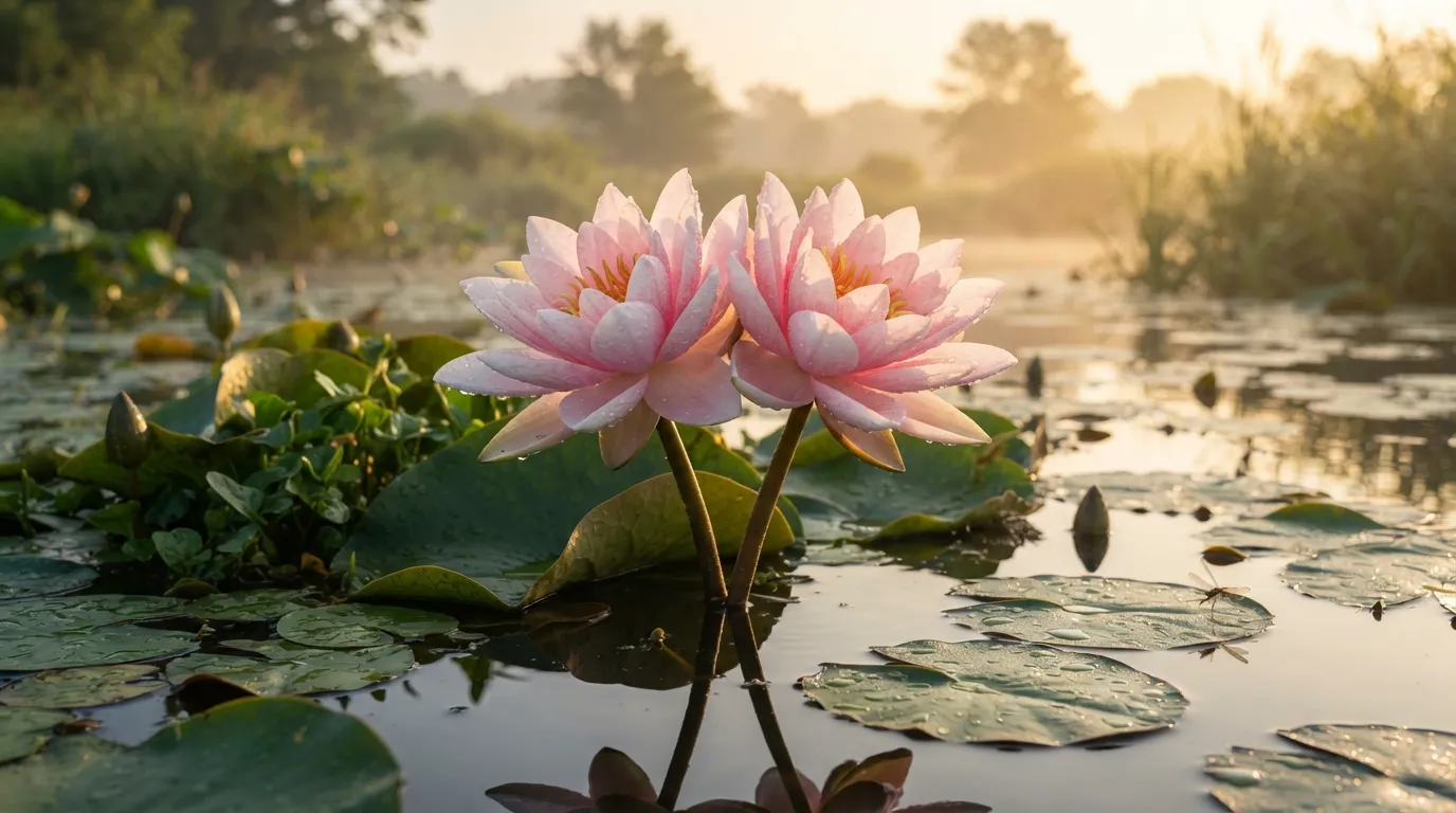 Two pink lotus flowers blooming together in morning pond water