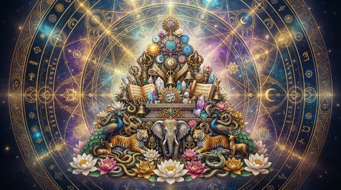 A complete and complex spiritual tapestry combining lotuses, geometric mandalas, and ancient cosmic symbols.