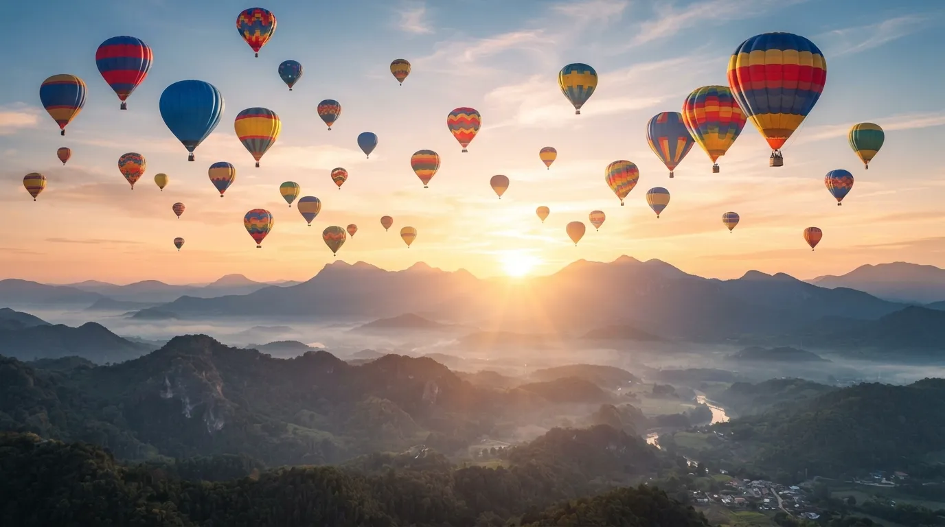 Colorful hot air balloons rising in the morning sky for friends