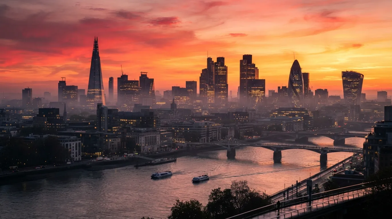 Modern city skyscrapers silhouetted against a dramatic morning sunrise.