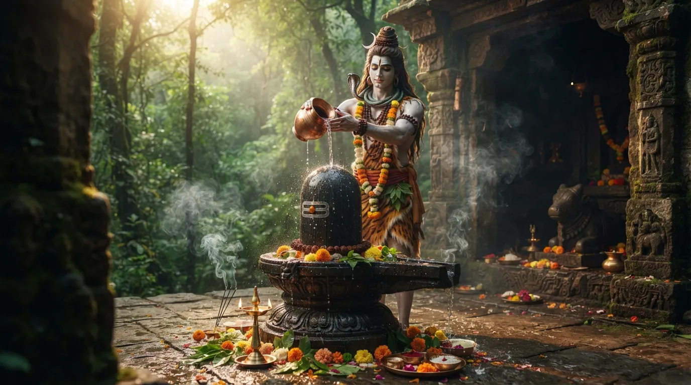 Spiritual shiv shankar with shivling image during morning ritual