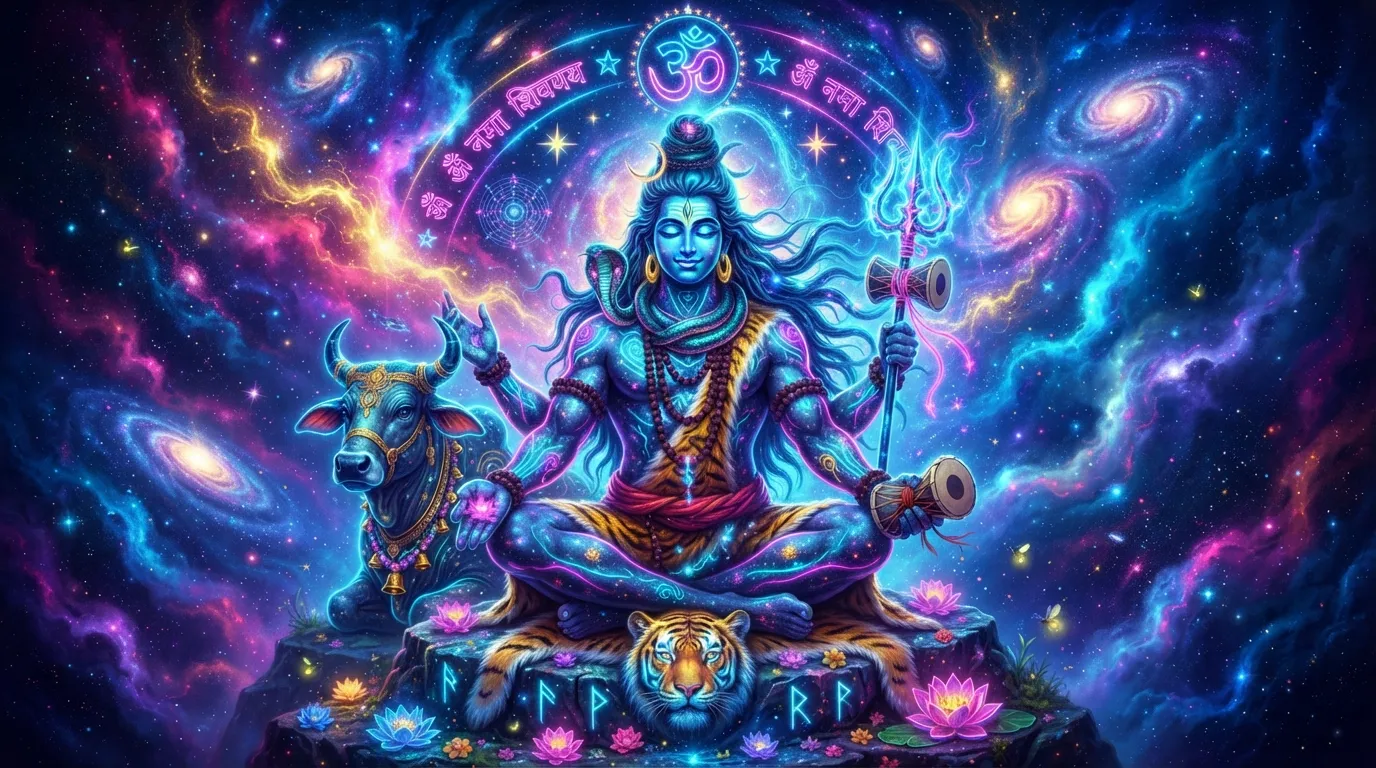 A stunning digital wallpaper photo Bholenath, featuring vibrant neon colors and spiritual symbols.