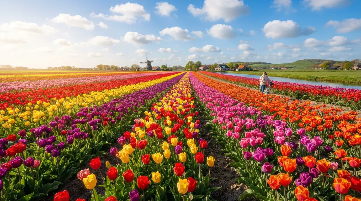 Endless field of colorful tulips under a bright morning sun