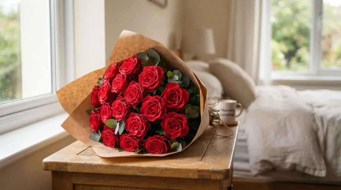 Gorgeous bouquet of fresh red roses wrapped in craft paper lying on a white bed sheet