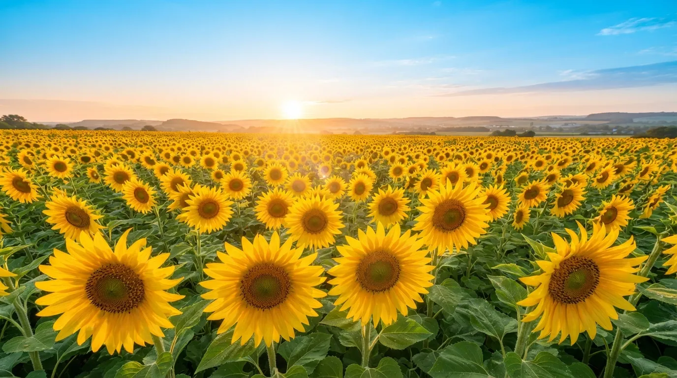 A field of bright yellow sunflowers facing a beautiful morning sunrise.
