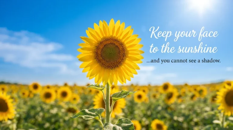 Close up of a bright yellow sunflower under a blue sky with a positive morning quote.