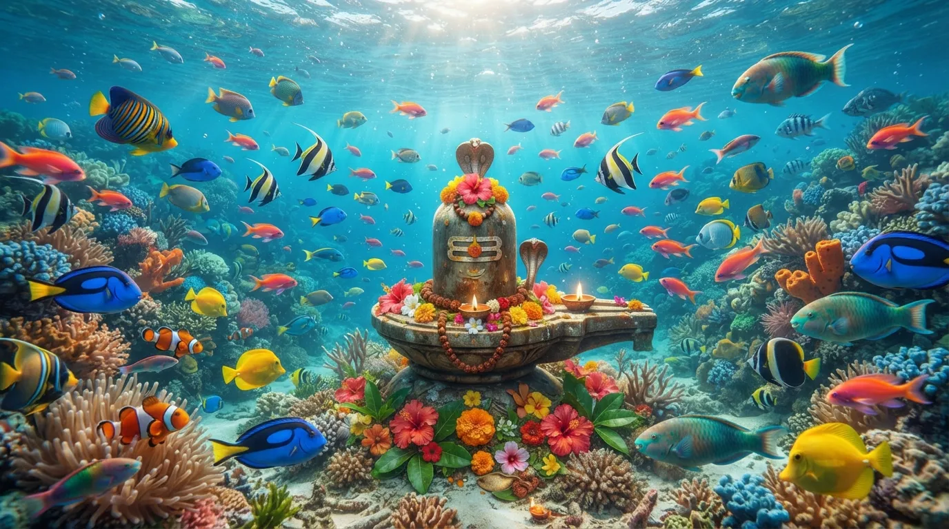 Shivling Surrounded by a school of colorful tropical fish