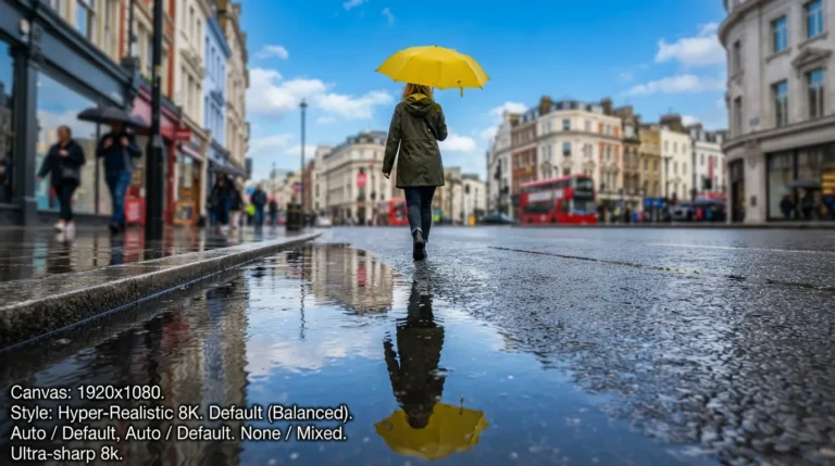 A person holding a bright yellow umbrella walking on a wet street with reflections.