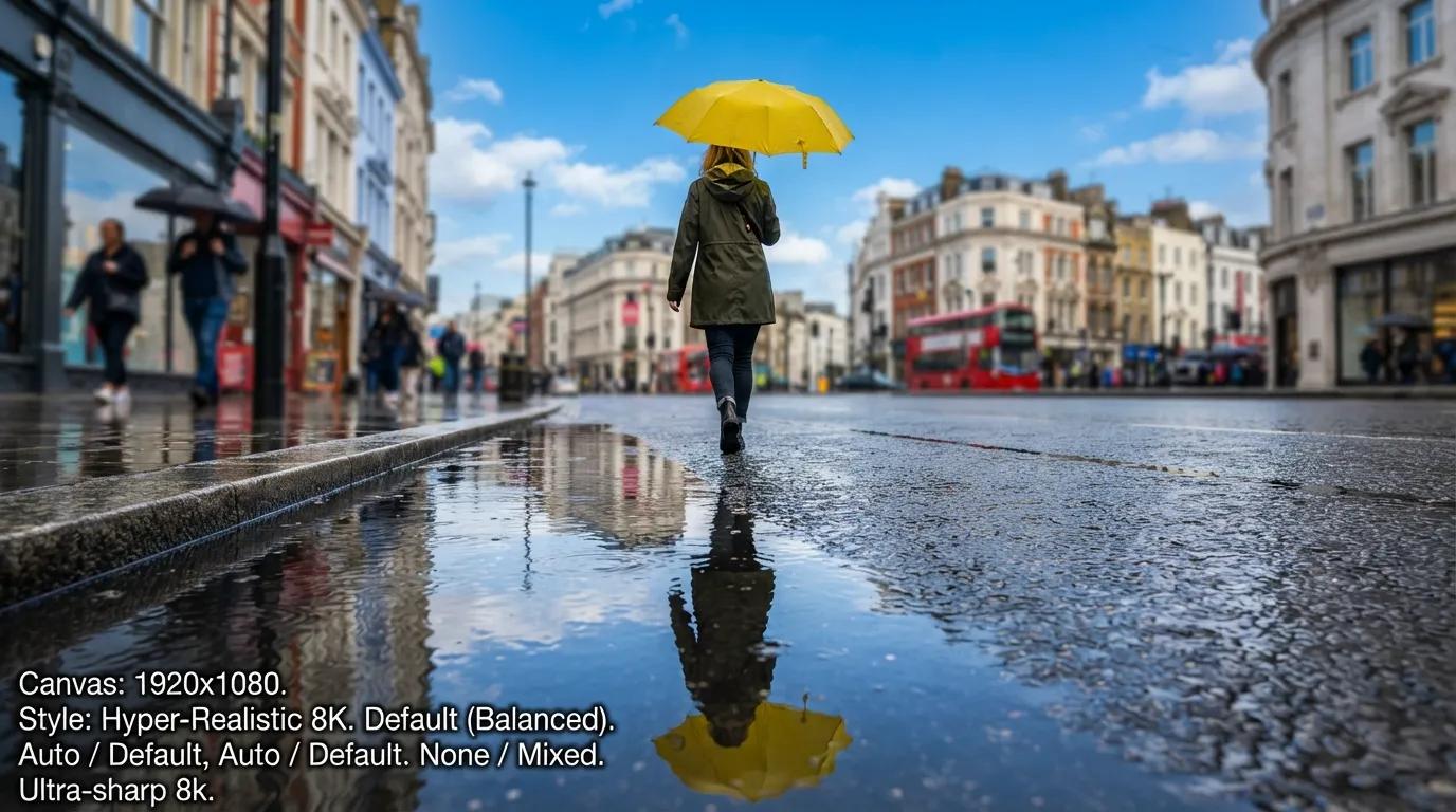 A person holding a bright yellow umbrella walking on a wet street with reflections.