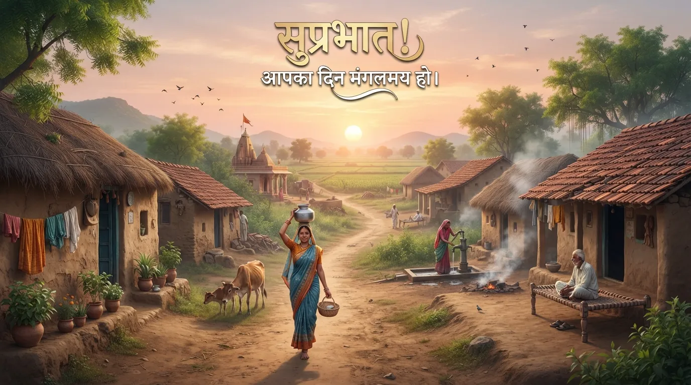 A rural Indian village scene at dawn with a peaceful good morning blessing in Hindi.