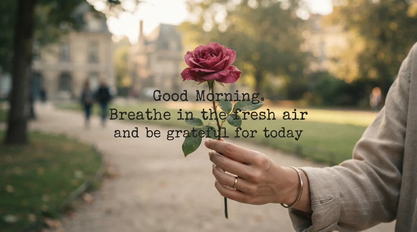 Aesthetic vintage-toned pink rose with a mindful English morning quote.