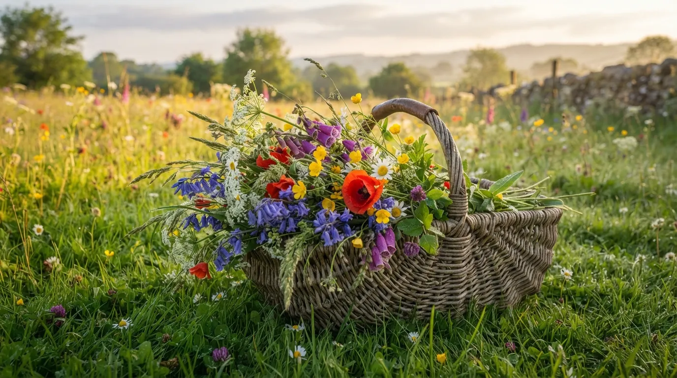 A rustic wicker basket filled with colorful fresh wildflowers in a morning meadow.
