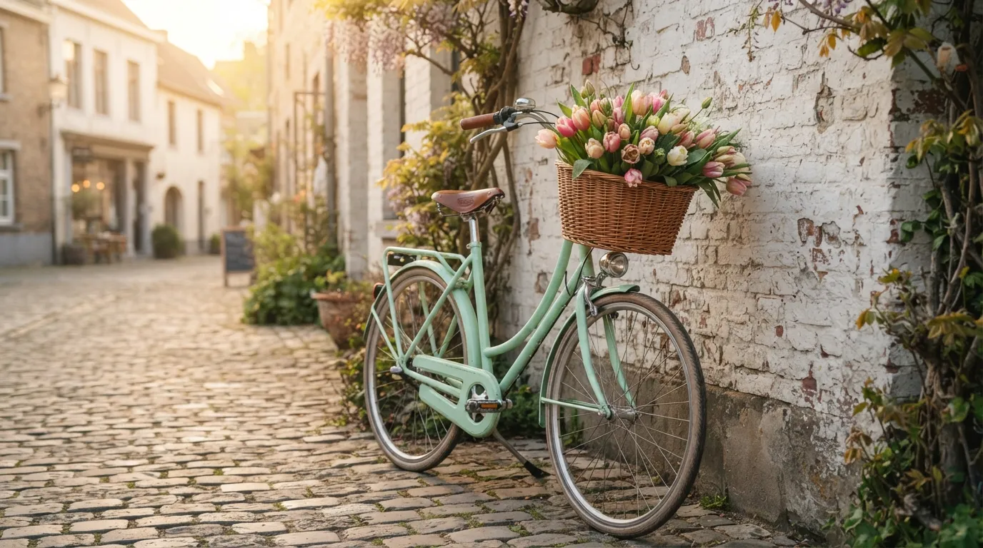 A classic pastel mint-green bicycle with a wicker basket full of fresh pink and white tulips in dawn light.