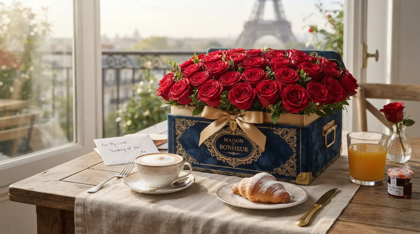 Round vintage box filled with red roses tied with a satin ribbon on a breakfast table