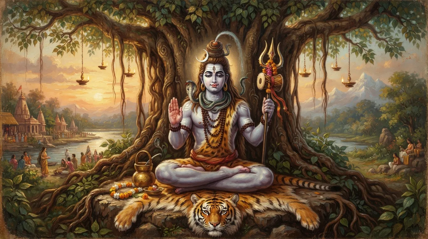 Classical Indian oil painting style depiction of Lord Shiva sitting on tiger skin, Mahadev hd wallpaper 4k