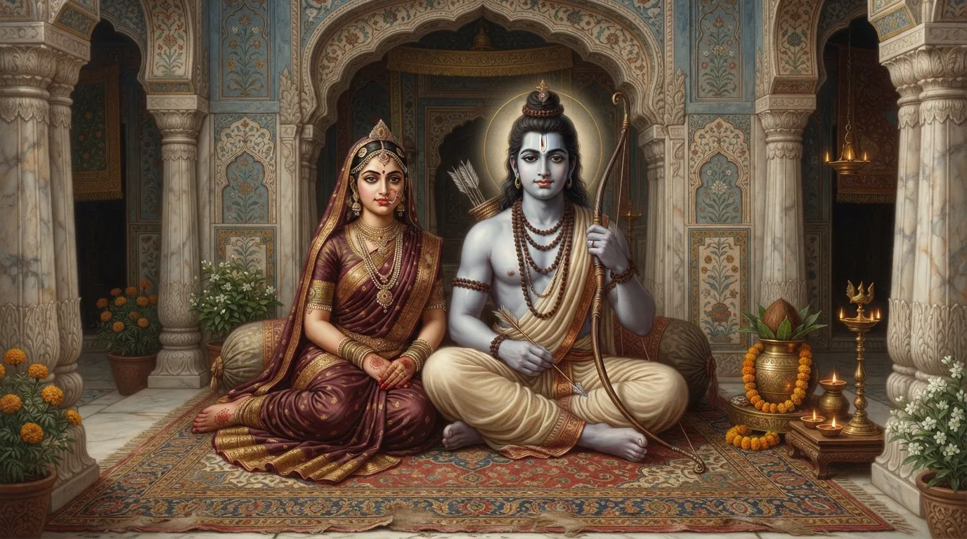 Classic antique style artwork of a seated Hindu god and goddess