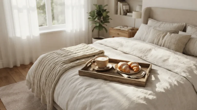 Cozy bedroom scene with warm sunlight representing today good morning images.