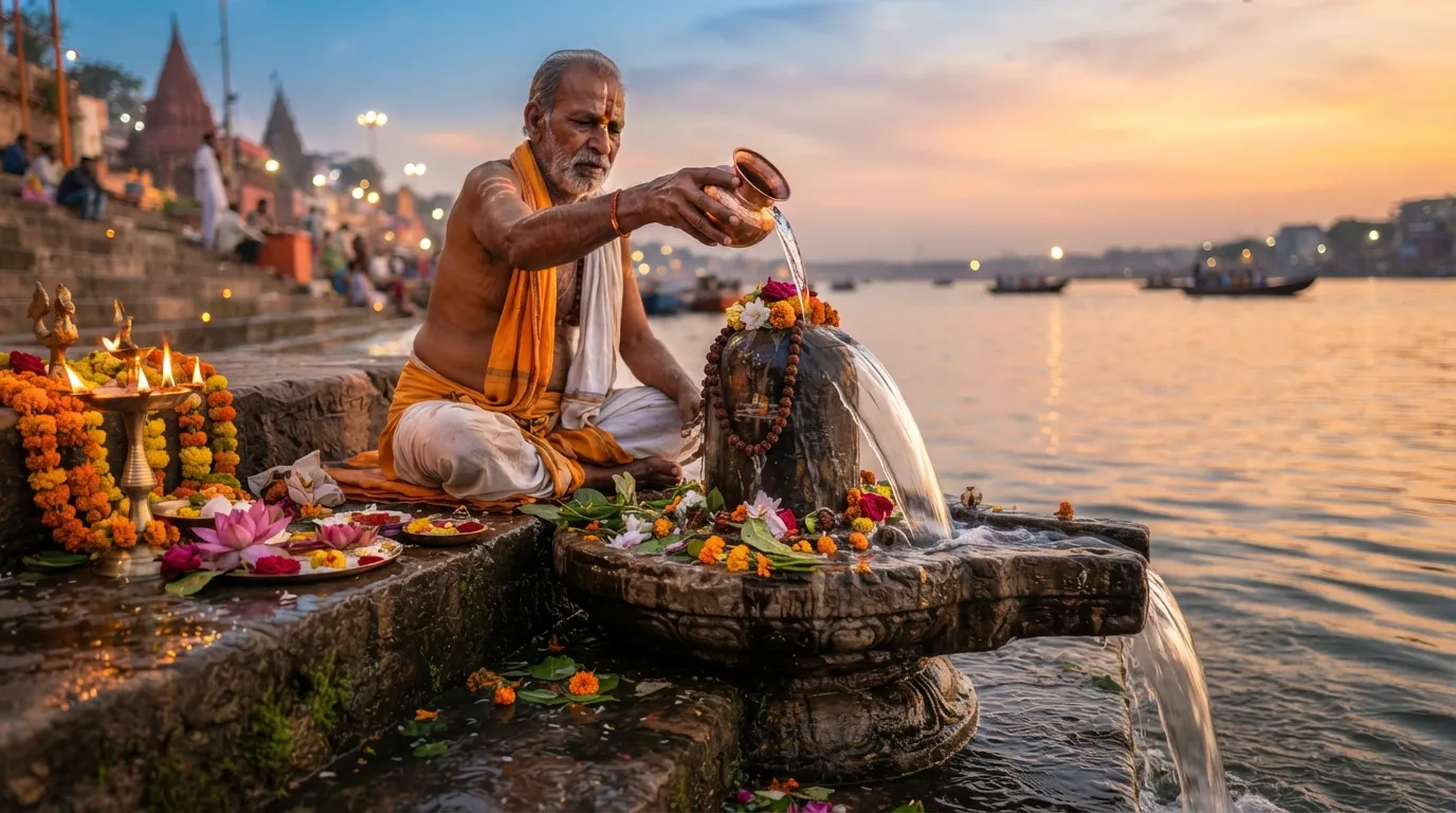 High definition image of holy water pouring onto a stone shivling at the banks of river Ganga during sunset.