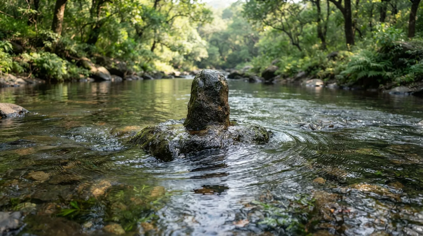 Water ripples creating patterns in the water surrounding the Rajmachi Shivling.