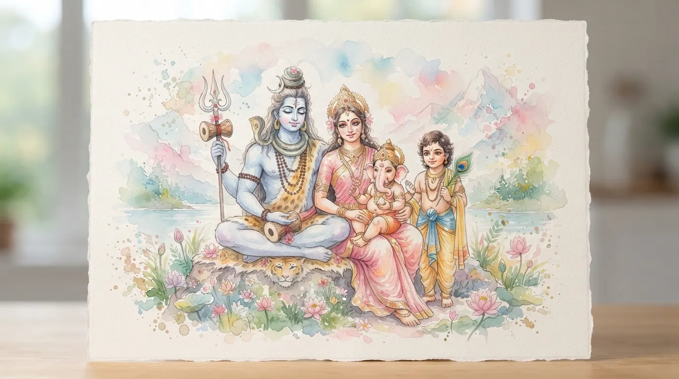 Beautiful watercolor painting of Lord Shiva, Goddess Parvati, Ganesha, and Kartikeya
