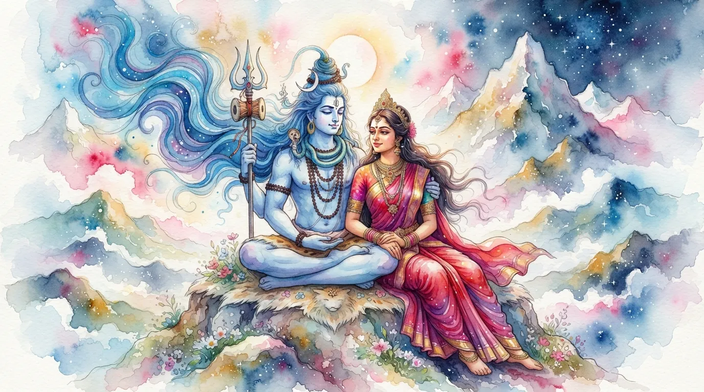 Artistic watercolor style beautiful image of Shiv Parvati.