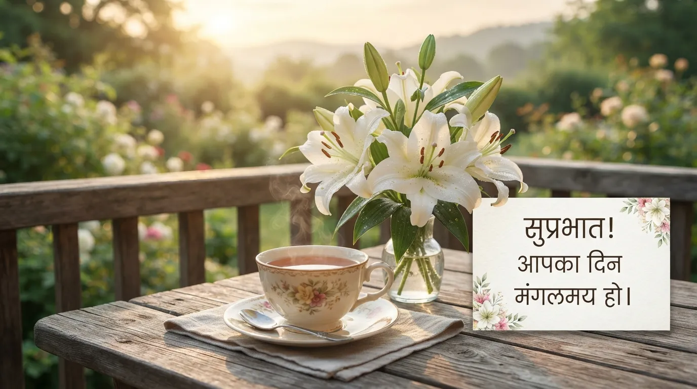 Peaceful white lilies with morning tea good morning hindi wish