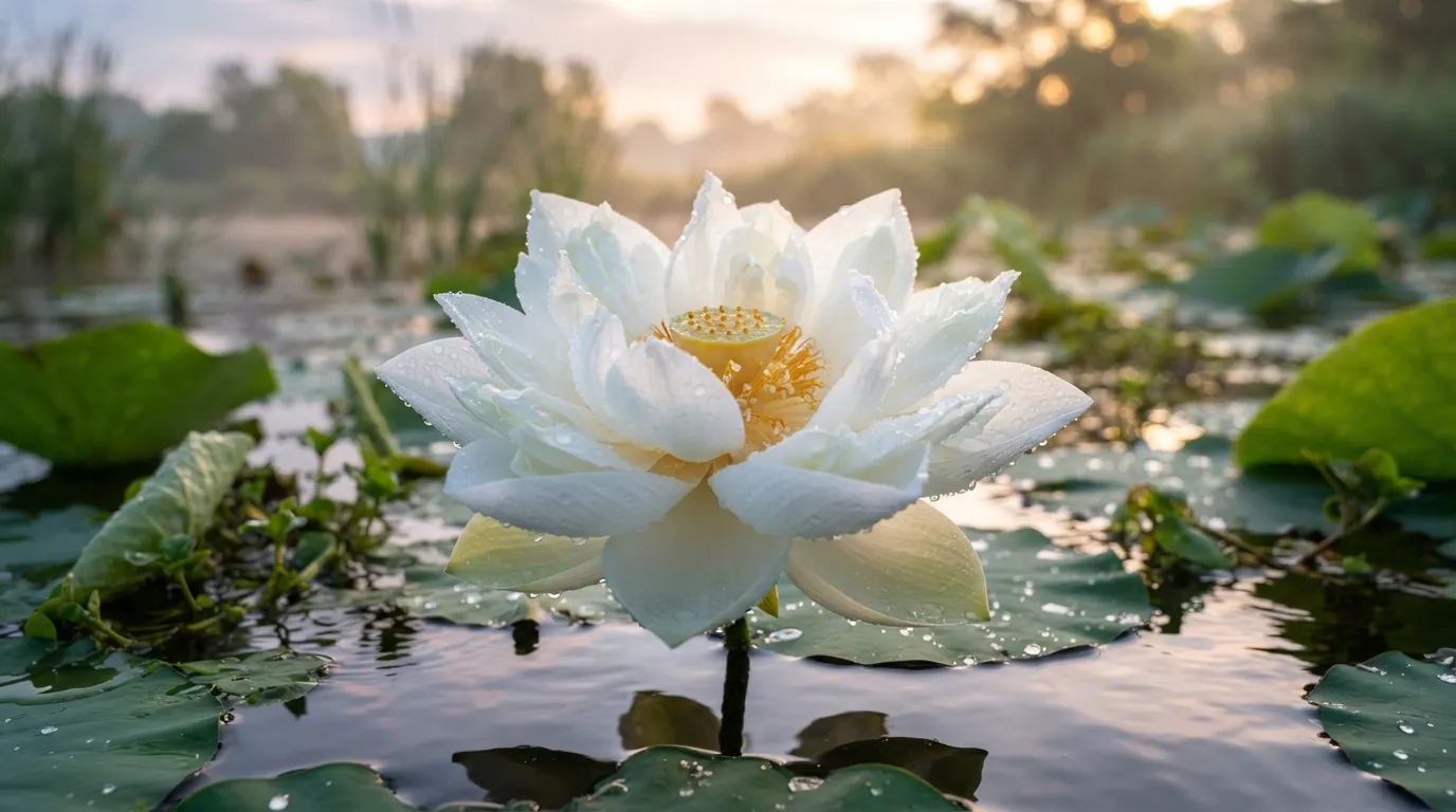 Pure white lotus flower opening gracefully in early morning dew light