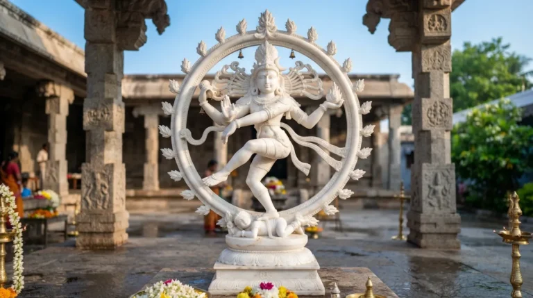 A pristine white marble Chidambaram Nataraja structure under clear morning daylight with a clean quote.