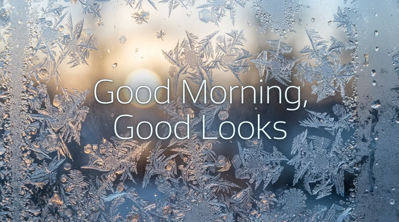 Macro shot of ice crystals on a window pane with crisp white text.